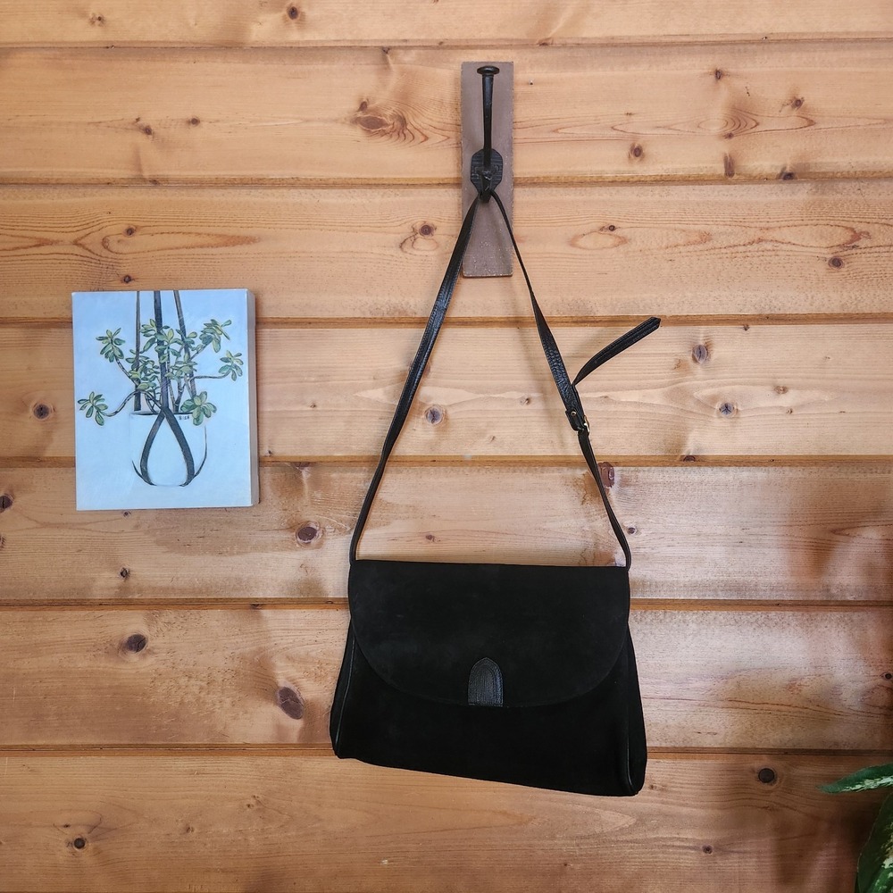 Vintage 80s Nordstrom Black Suede Emboss Leather Flap Purse Shoulder Bag Italy